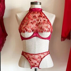 NWT Coco de Mer Red Cherry Mesh Embroidery & Silky Satin Lingerie Bra Size XS